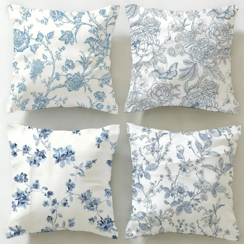 blue flower pattern Cushion Cover Soft & Easy-Wash Pillow Case – Versatile for Couch, Bed, Travel and Office