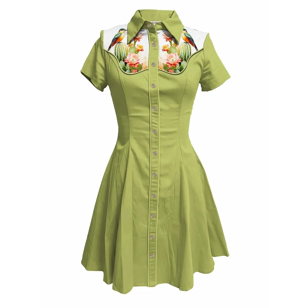 นกและดอกไม้พิมพ์ผู้หญิงชุดคาวบอยตะวันตกแขนสั้นปุ่มลงผ้าฝ้าย 100% เซ็กซี่ชุดลําลองบางชุดสีชมพู