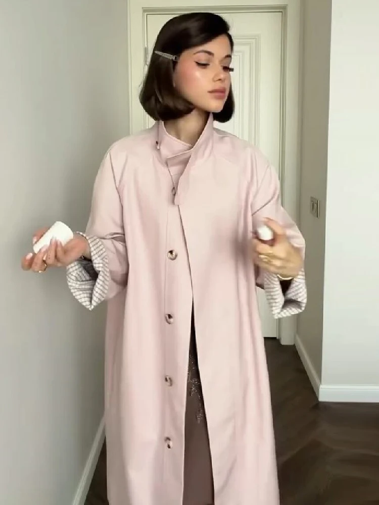 Casual Pink Oversize Trench Coats Women Fashion Cuff Checkered Lining Single Breasted Loose Fit Overcoat Autumn Lady Street Wear