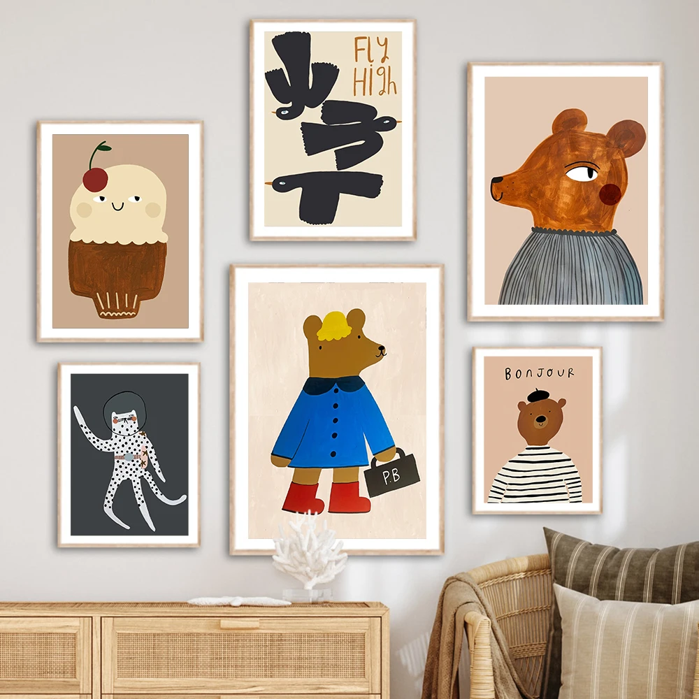 Bonjour Bear Leopard Bird Cartoon Poster Wall Art Canvas Painting And Prints Wall Pictures Baby Kids Room Decor Study Sticker