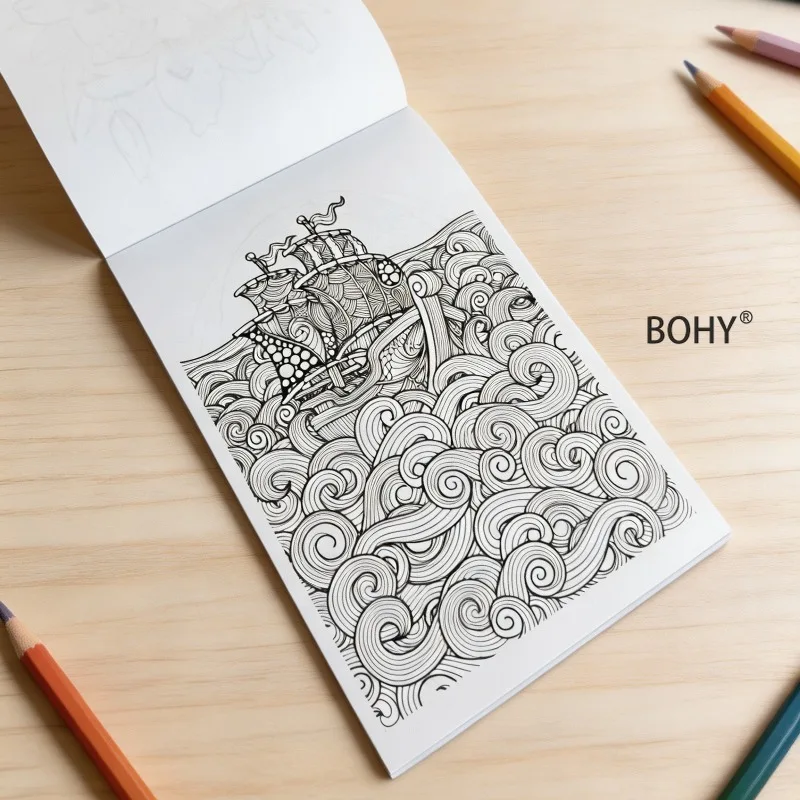 A Stress Relieving Graffiti Book for Adults, Include Line Themes Such As Plant/ European Town Architecture/retro Wave Sailboats