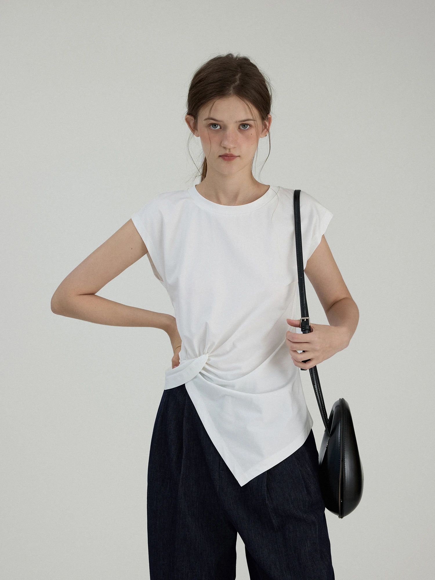 Breathable Slimming Cotton Blend Short Sleeve T-Shirt Women's Twist Design Split T-Shirt Comfortable Cotton Polyester Blend Top