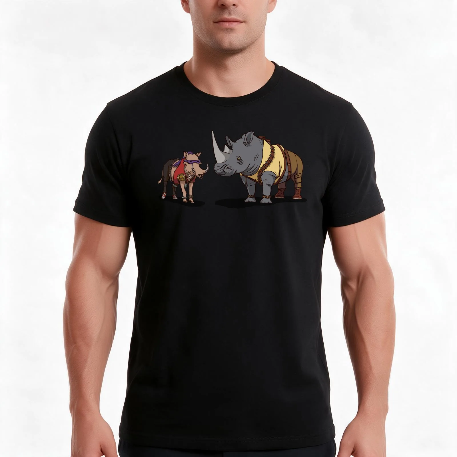 Warthog and Rhino Animal Cosplay T-Shirt, Summer Casual Cotton Tee, Oversized Streetwear Tops, Vintage Graphic Print
