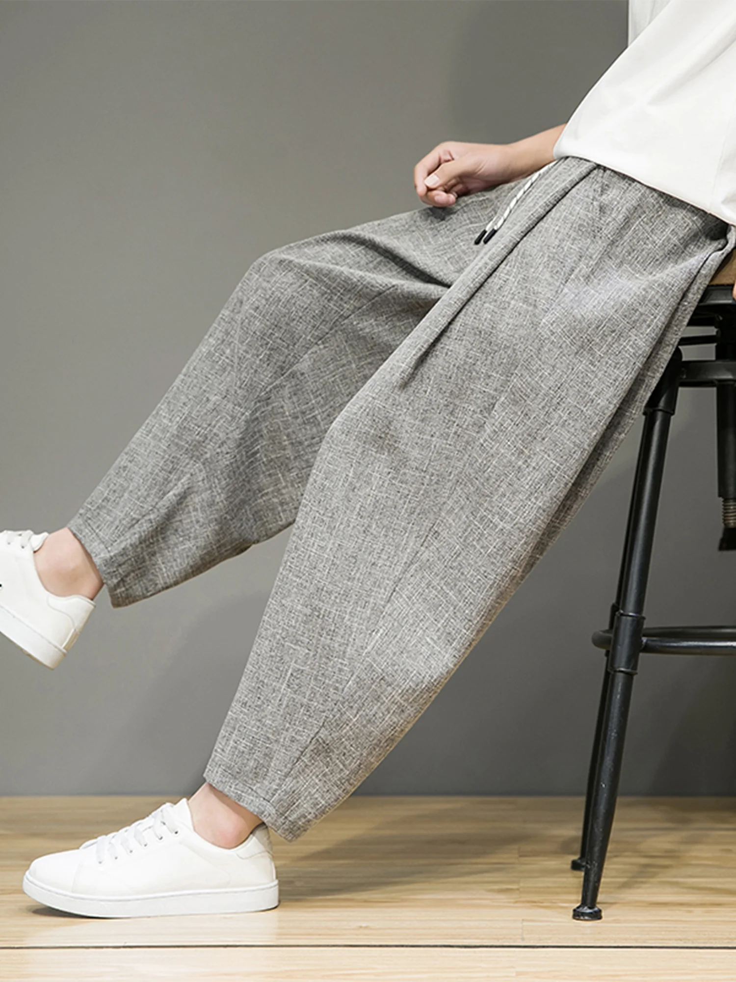 

Мужские летние тонкие повседневные брюки из ледяного шелка, свободные брюки-харланы, винтажные китайские брюки-фонарики, прямые брюки длиной 7/8