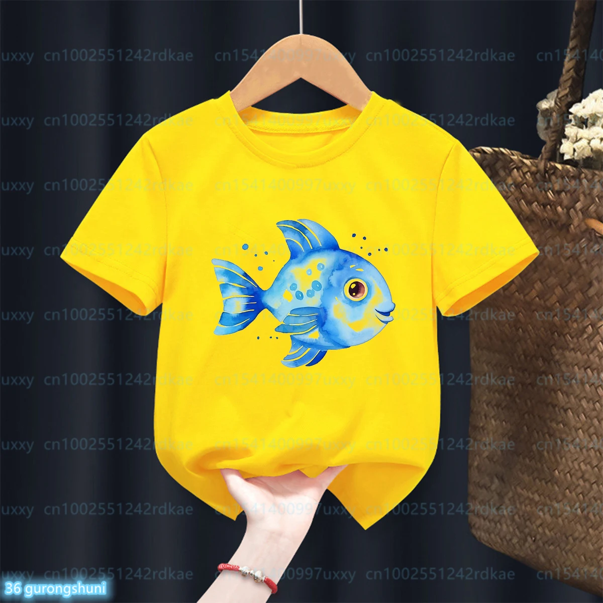 Funny Boys T-Shirt Cute Marine Creatures, Fish Cartoon Print Toddler Tshirt Summer Fashion Boy Yellow Short Sleeve Top 1-12 Th