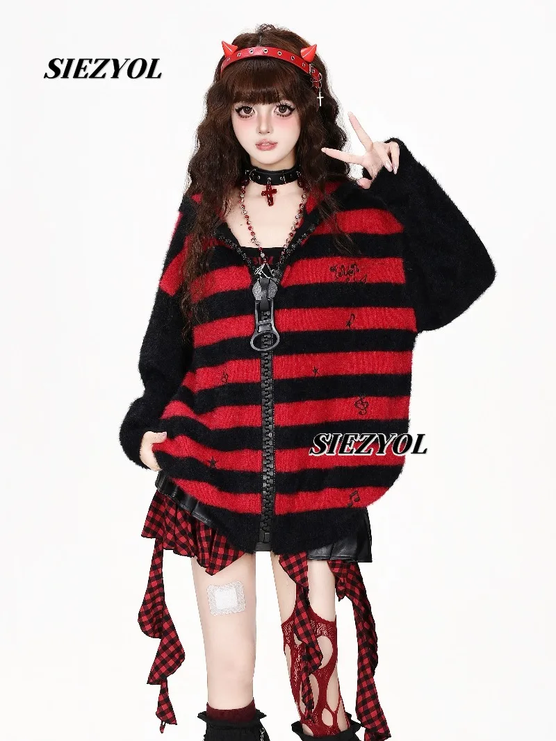 Autumn Winter New Striped Color Matching Large Zipper Hooded Sweater Sweet Girl Versatile Loose Casual Knitted Cardigan Jacket