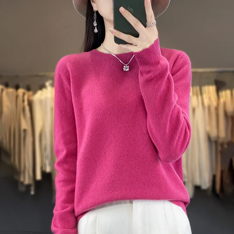 New Fashion Autumn And Winter Merino Wool Pullover Sweater Solid Color Long Sleeve Basic Thermal Top 100% Pure Wool SweaterWQ012