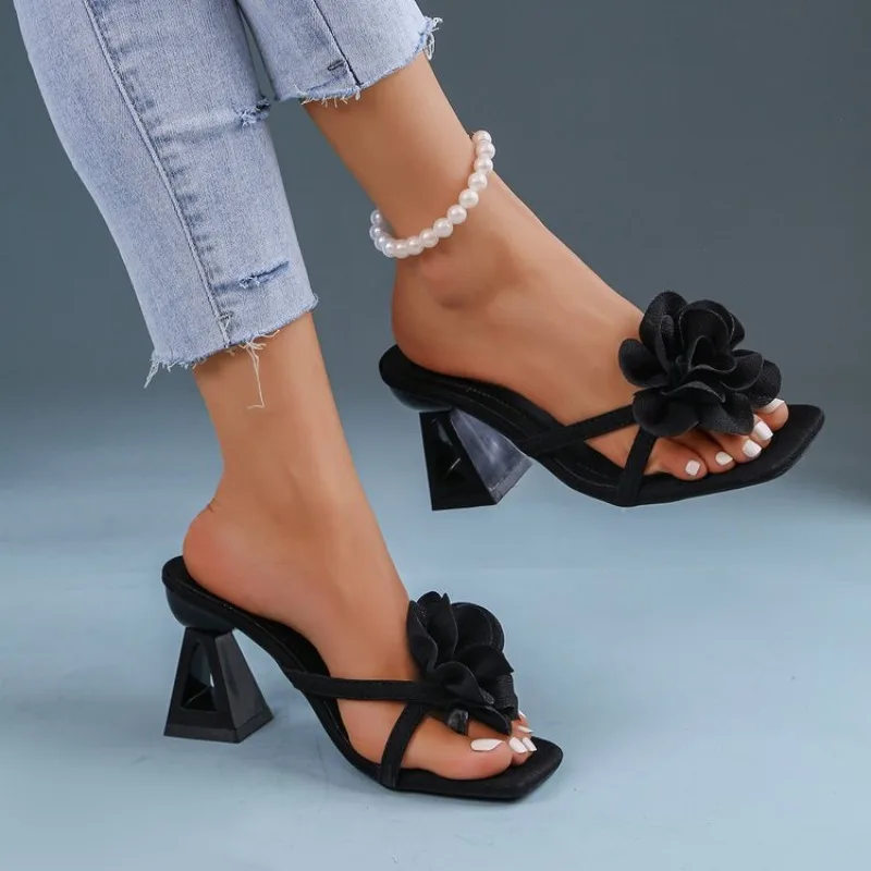 Womens 3D Flower Decor Sandals Triangular Cutout High Heel Sandals Crisscross Straps Open Toe Sexy Party Dress Summer Heel Shoe - view 4