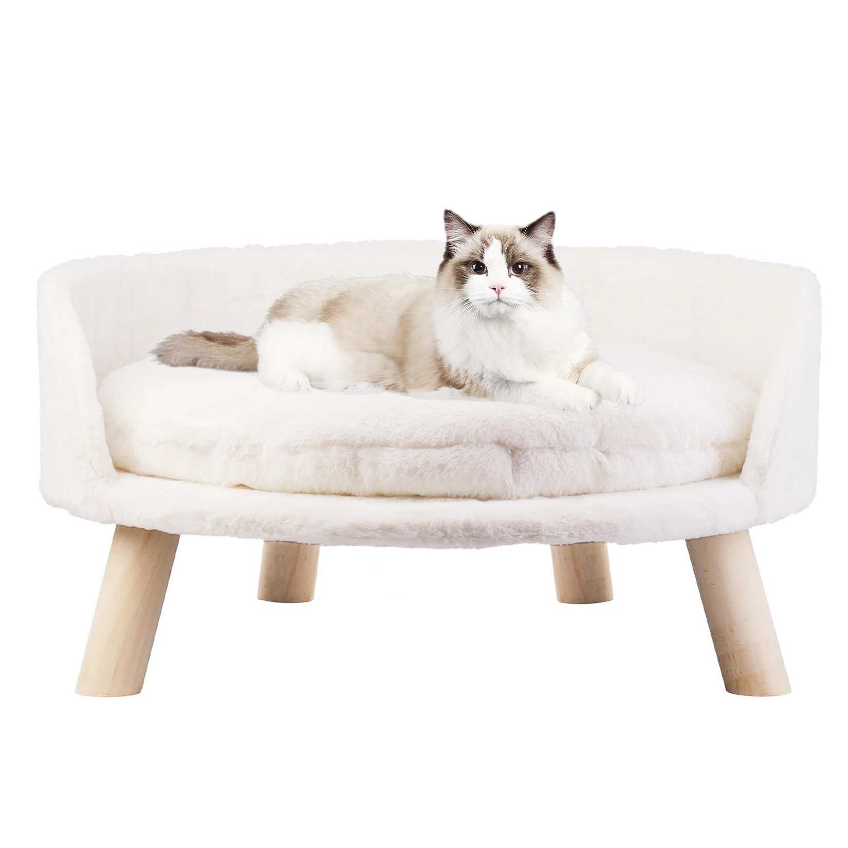 Lit surélevé pour chat en bois, canapé-lit pour animaux de compagnie avec coussin, chaise longue pour chat