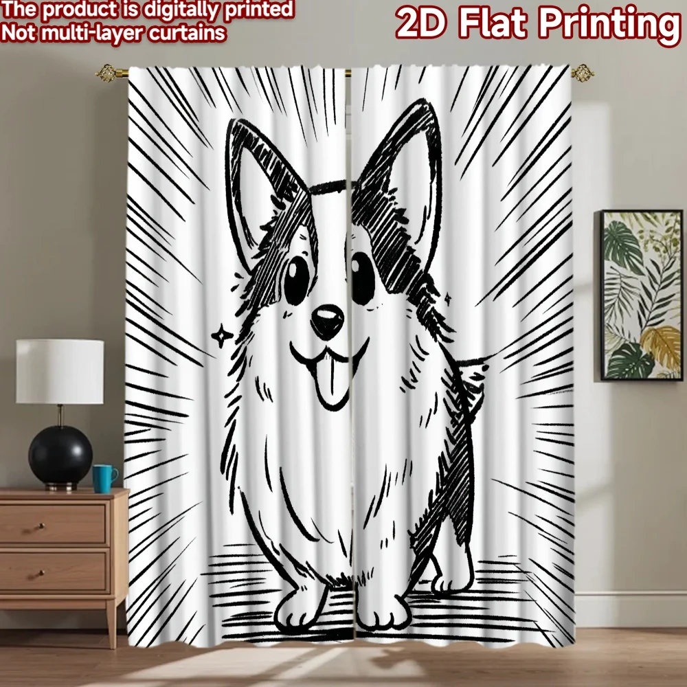 2D flat printing 2pcs Window Curtains Corgi Cute Cartoon Drawing Digital Printed Polyester Drapes Birthday Party for Photo