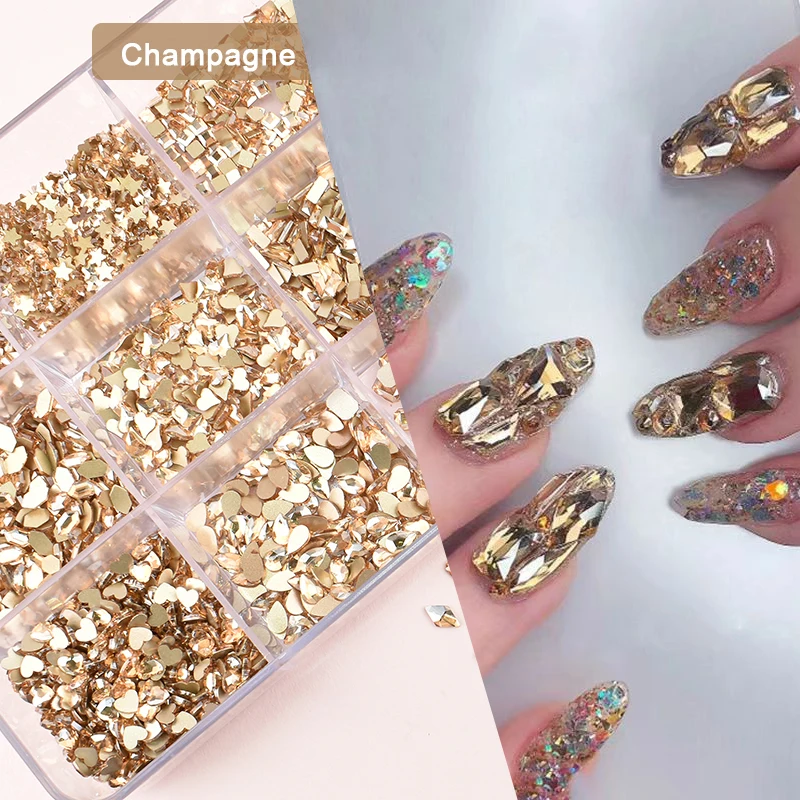 Flat Bottom Mixed Shape Champagne Series Nail Art Rhinestone Super Flash Glass Crystal Manicure DIY Decorative Accessories