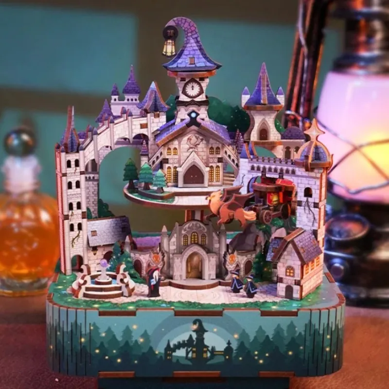 New Diy Wooden Magic Castle Music Box Model Building Kits City Street View 3d Puzzle Toys For Children Assembled Cute Music Box