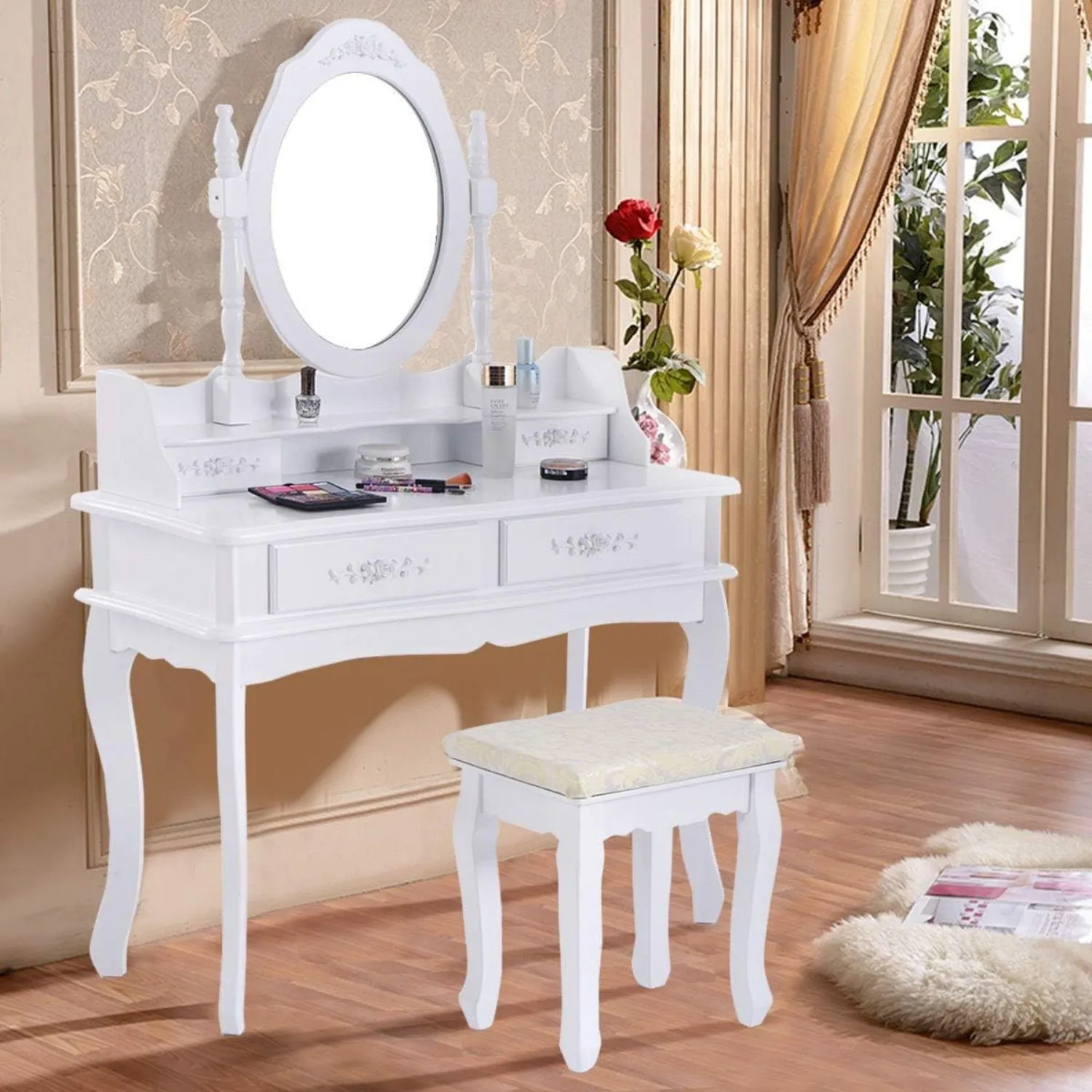 White Vanity Jewelry Makeup Dressing Table Set W/Stool 4 Drawer Mirror Wood Desk（15.75