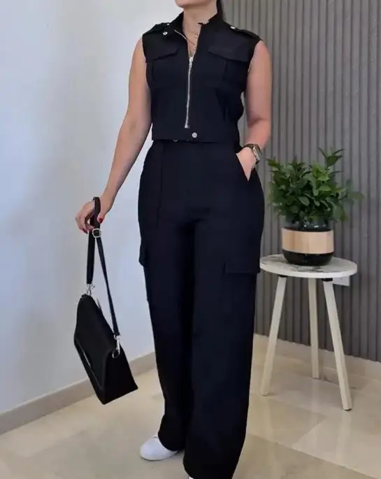 2025 Spring/Summer New Fashion Solid Color Two Piece Set 3D Work Bag Sleeveless Tank Top and High Waist Wide Leg Pants Set