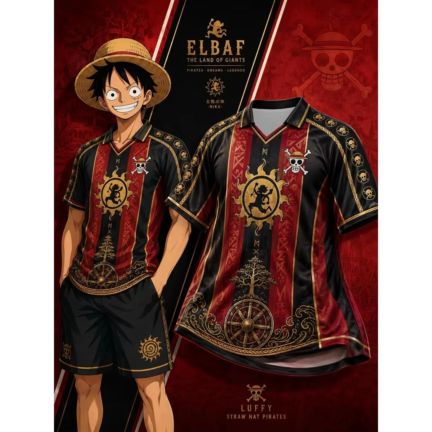 One Piece Nika Luffy Harajuku V Neck Collared Polo Football Jersey Breathable Trendy Casual Street Sport T Shirt Family Matching