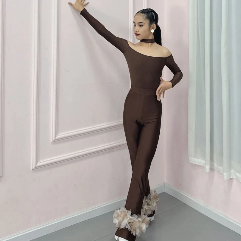 Kids Latin Dance Clothes Girls Long Sleeves Brown Tops Pants Practice Suit Cha Cha Ballroom Dance Performance Clothing DNV22004