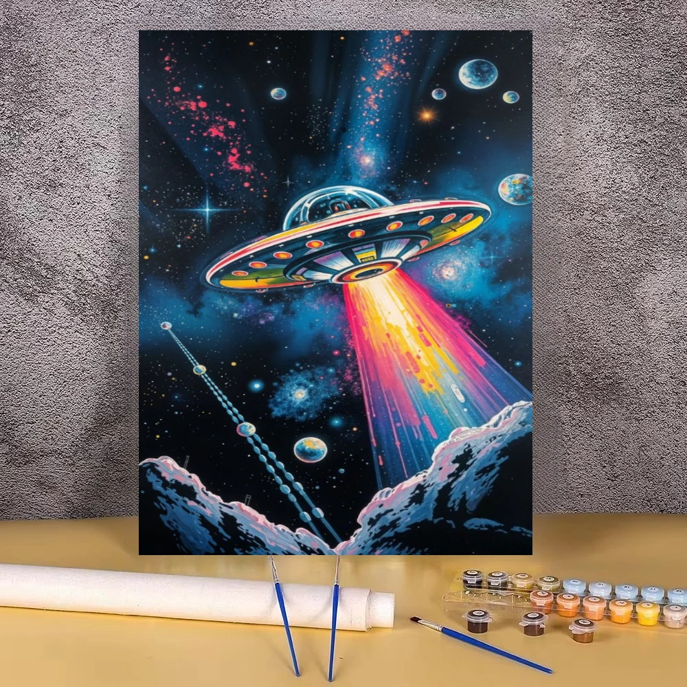 Oil Painting UFO Spacecraft Galaxy Planets Beam Scenery By Numbers Wall Decor for Living Room Bedroom Home Decor Gift No Frame