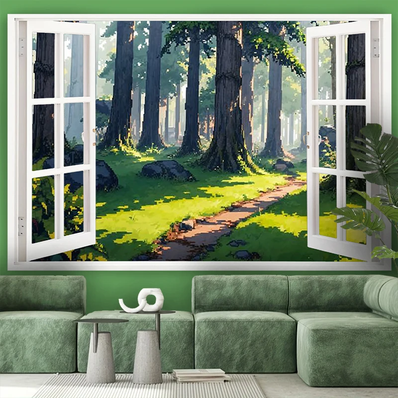 1PC Digital Print Tapestry Wall Hanging, Fake Window Frozen Lake Winter Forest Art, Nature Scenery 3D Window Wall Art Decor