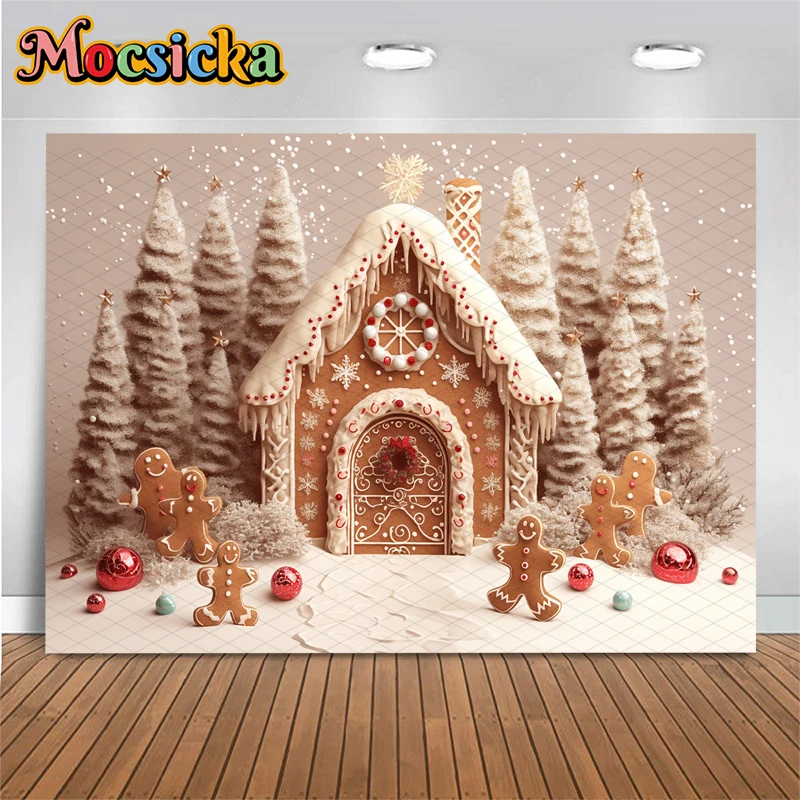 Mocsicka クリスマスハウス背景写真撮影ツリーパーティーベビー写真背景ベージュ壁紙スノーフレークキャンディ装飾バナー