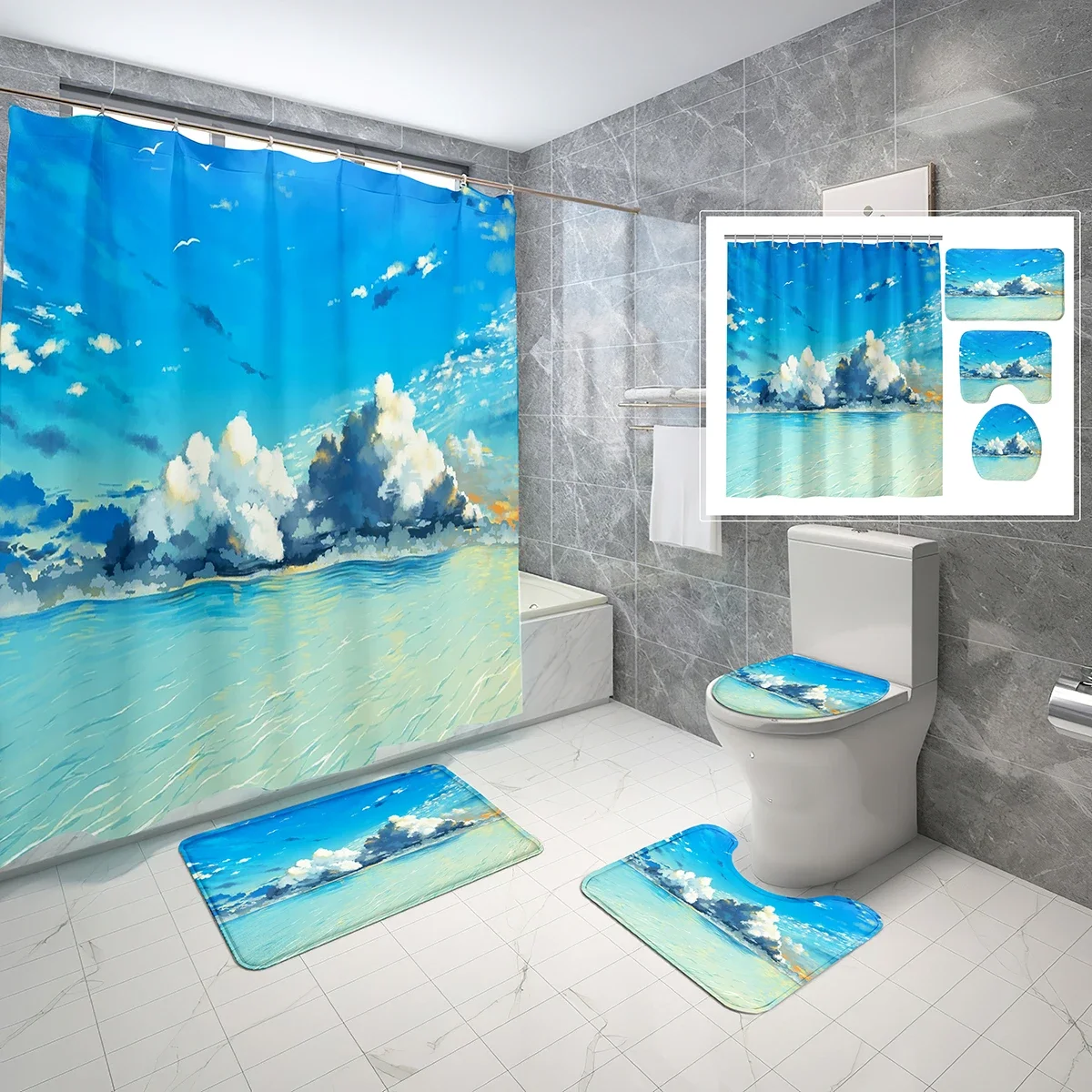 

4 Pcs Cute Sky Shower Curtain Sets with Toilet Lid Cover and Non-slip Bath Mat Sunlight Clouds Sea Waterproof Shower Curtain Set