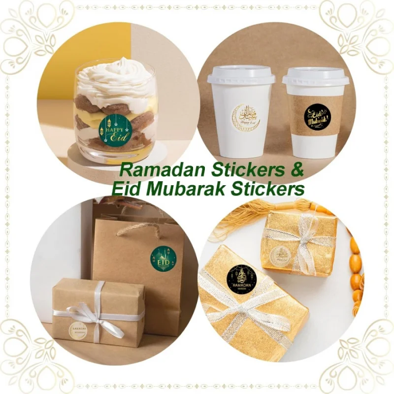 500pcs/roll Middle East Ramadan Stickers Arabic Eid Moon Oil Lamp Gift Envelope White Green Gold Seal Stickers Southeast Asia