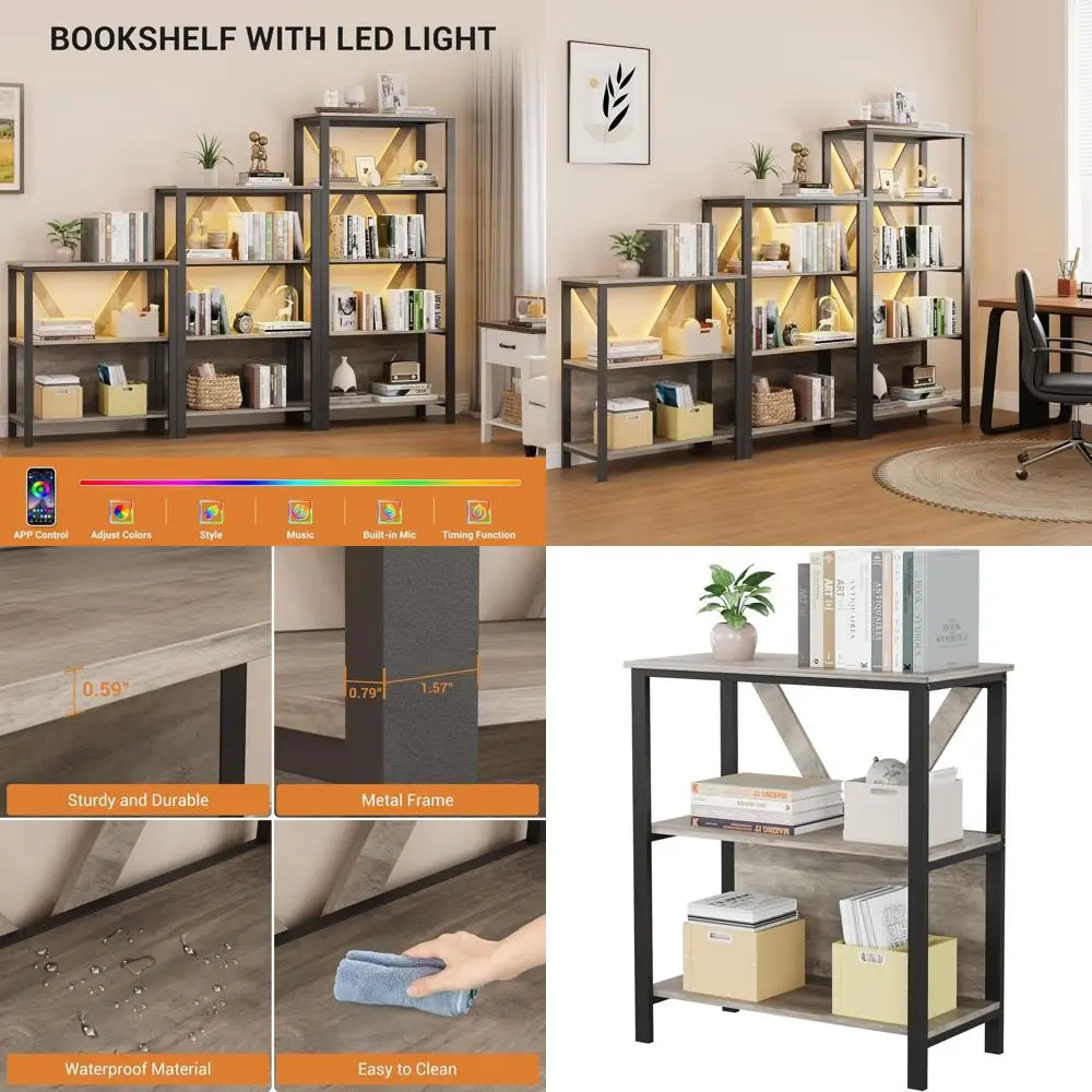 

Промышленная серая 3-ярусная металлическая книжная полка со светодиодной подсветкой, открытое хранилище для книг, идеально подходит для домашнего офиса, гостиной