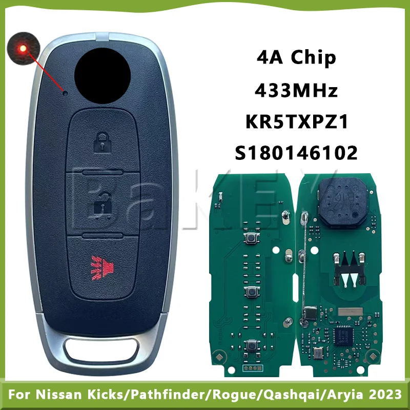 

S180146102 FCC ID: KR5TXPZ1 Smart Remote Key 2+1Buttons 434Mhz ASK 4A Chip For Nissan Kicks/Pathfinder/Rogue/Qashqai/Aryia 2022+