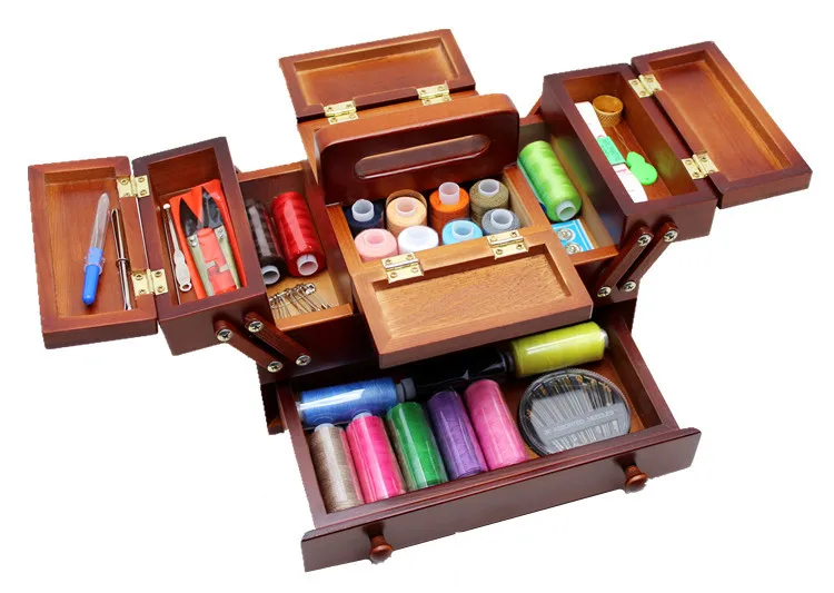 Natural wood sewing box Polyester Sewing thread Needlework Knitting Patch Organizer Storage box sewing case with accessories