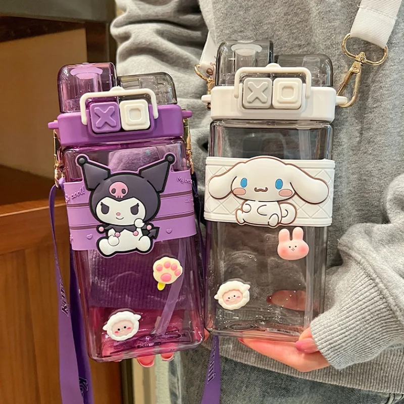 550ml Sanrio Melody Pochacco Kuromi Cinnamoroll Plastic Bottle Double Drink Cup Students Cartoon Large Capacity Water Bottle