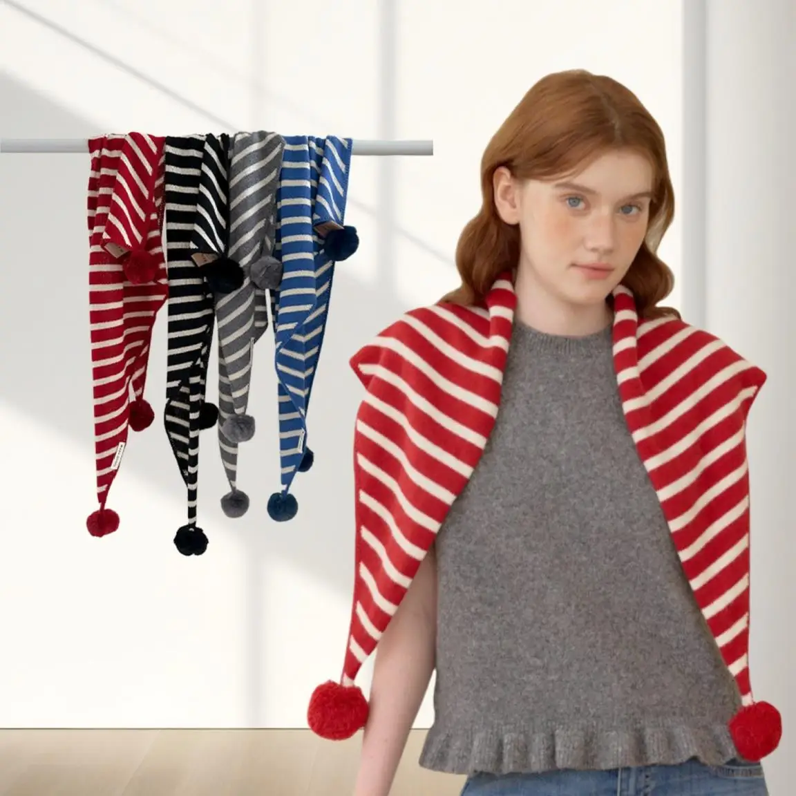 

Осень-зима, треугольный шарф из 100% шерсти, женский съемный шарф в полоску, утеплитель для шеи, новый универсальный теплый уличный лыжный походный шейный платок