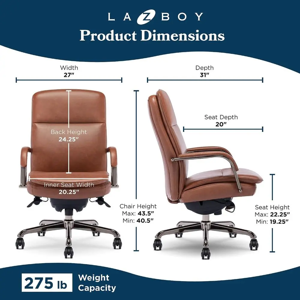 Executive Ergonomic Desk Chair with Channel-Stitched Seat, Double Cushion, Padded Arms, Swivel Metal Base, Cognac and Graphite B