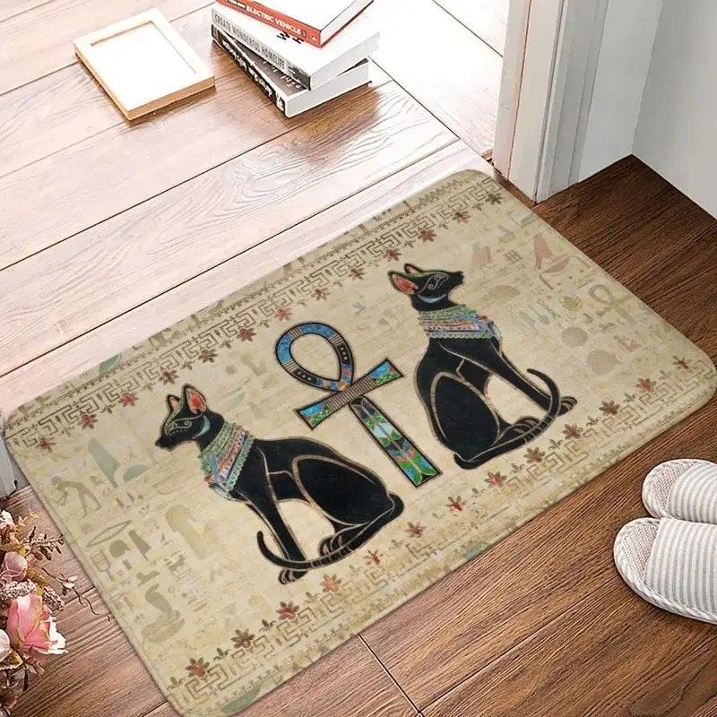 Egyptian Cats And Ankh Cross Front Door Floor Entrance Mat Indoor Horus Eye Egypt Hieroglyphic Kitchen Living Room Carpet Rug