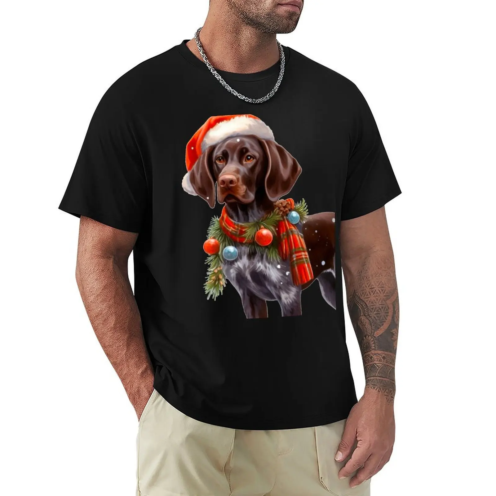 

German Shorthaired Pointer Dressed for Christmas - GSP Christmas Painting - Silvery Background T-Shirt