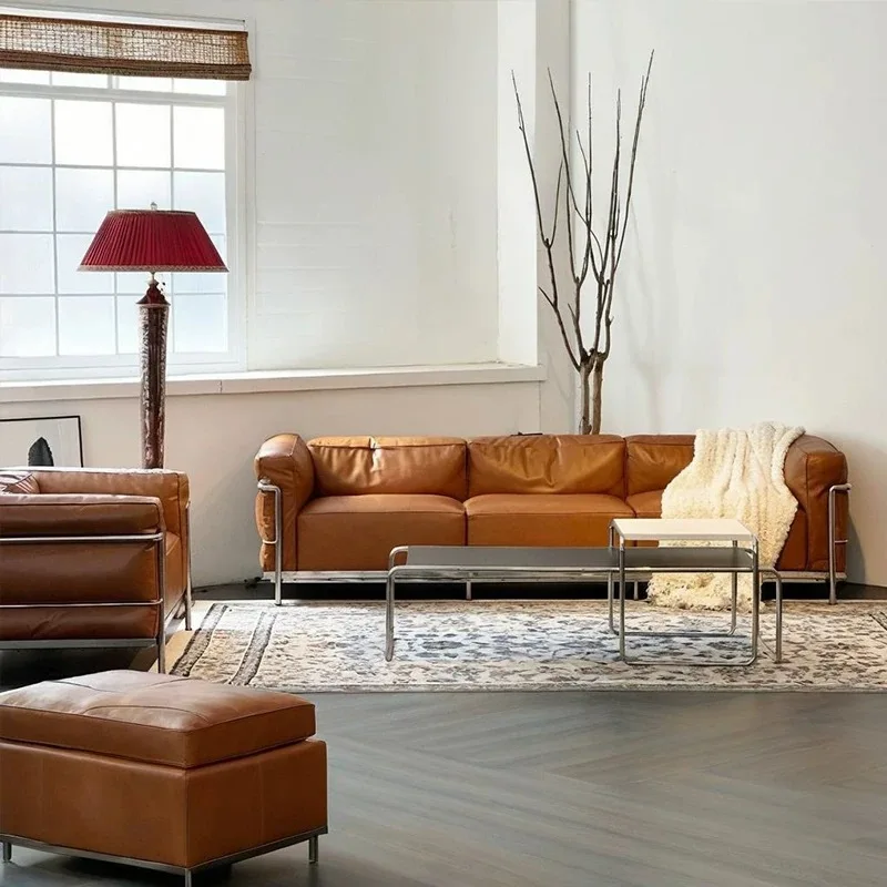 LC3 バウハウス レザーアートソファ 小さなアパートのリビングルーム用 3人掛けダウンソファ 怠惰なデザイナー