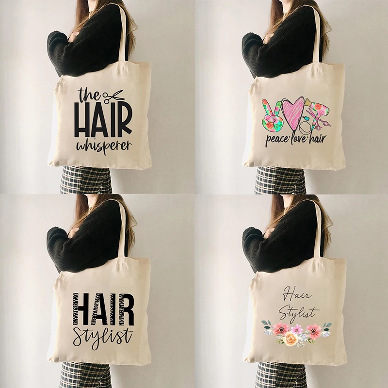 Hair Stylist Gift Idea Canvas Tote Bag Reusable Shopping Bag Hairstylist Tools Collector Women Shoulder Bag Travel Organizer