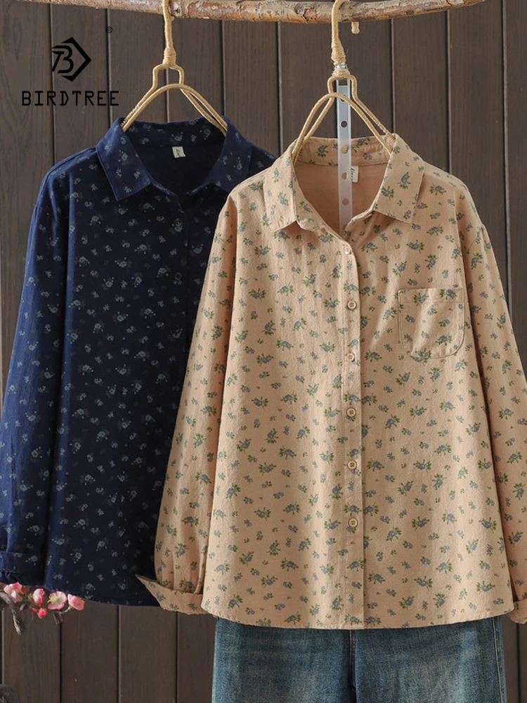

New 2025 Autumn Cotton Long Sleeve Brushed Shirt, Women Turn-down Collar Print, Mori Girl Retro Casual Loose Blouse T5O055CC