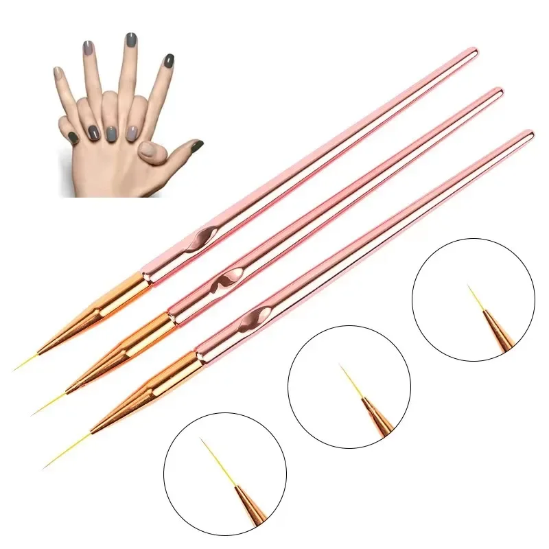 3pcs/set Rose Gold Nail Art Line Painting Brushes Metal Handle Thin Liner Drawing Pen DIY UV Gel Tips Design Manicure Tool Kits