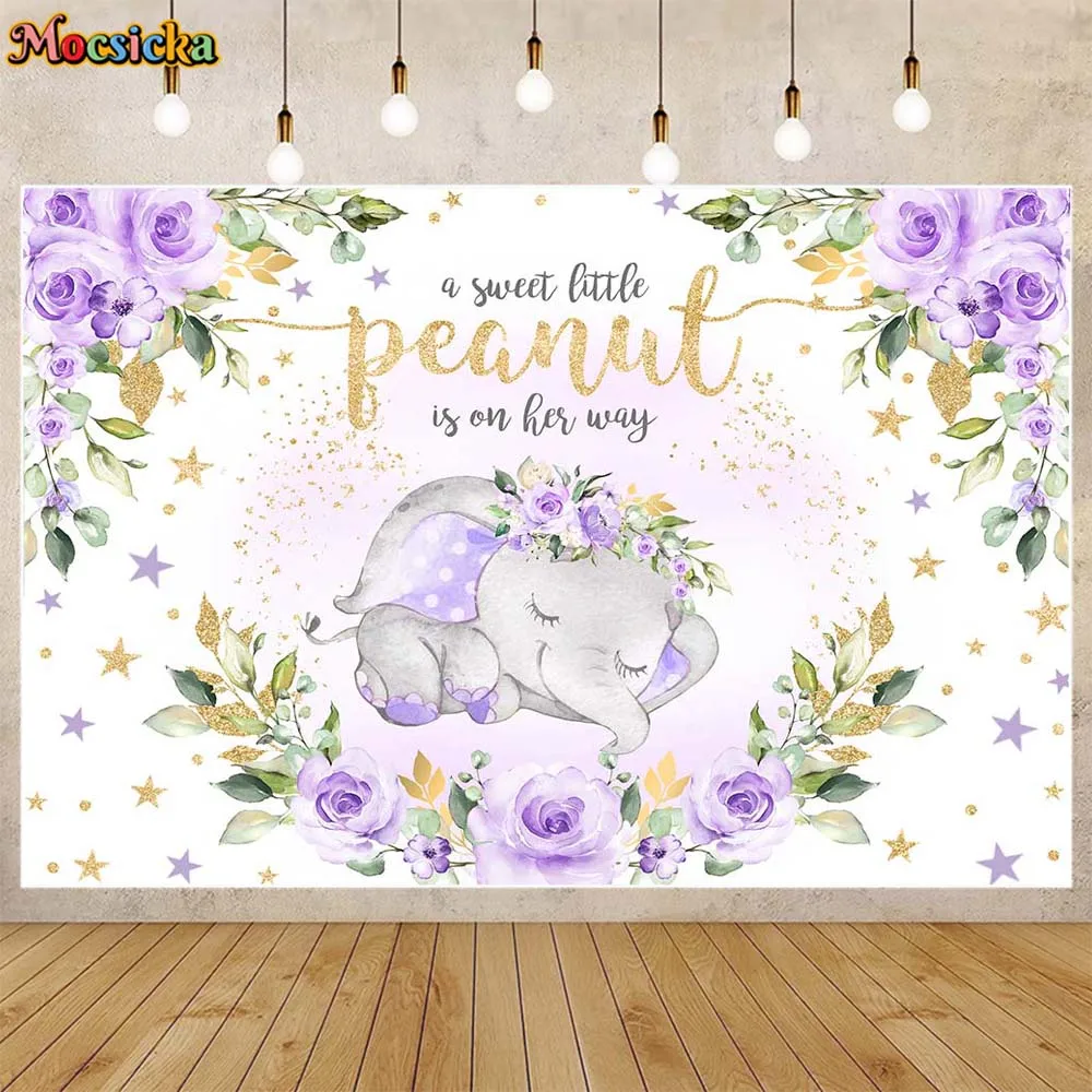 

Mocsicka Elephant Baby Shower Backdrop Purple Rose A Sweet Little Peanut Is On Her Way Photo Background Girl Welcome Party Decor