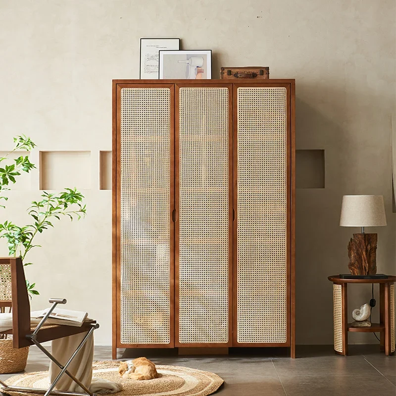 

Dust Proof Aesthetic Rattan Closet Tall Wooden Nordic Open Bedroom Wardrobe Organizer Clothes Armario De Ropa Bedroom Furniture