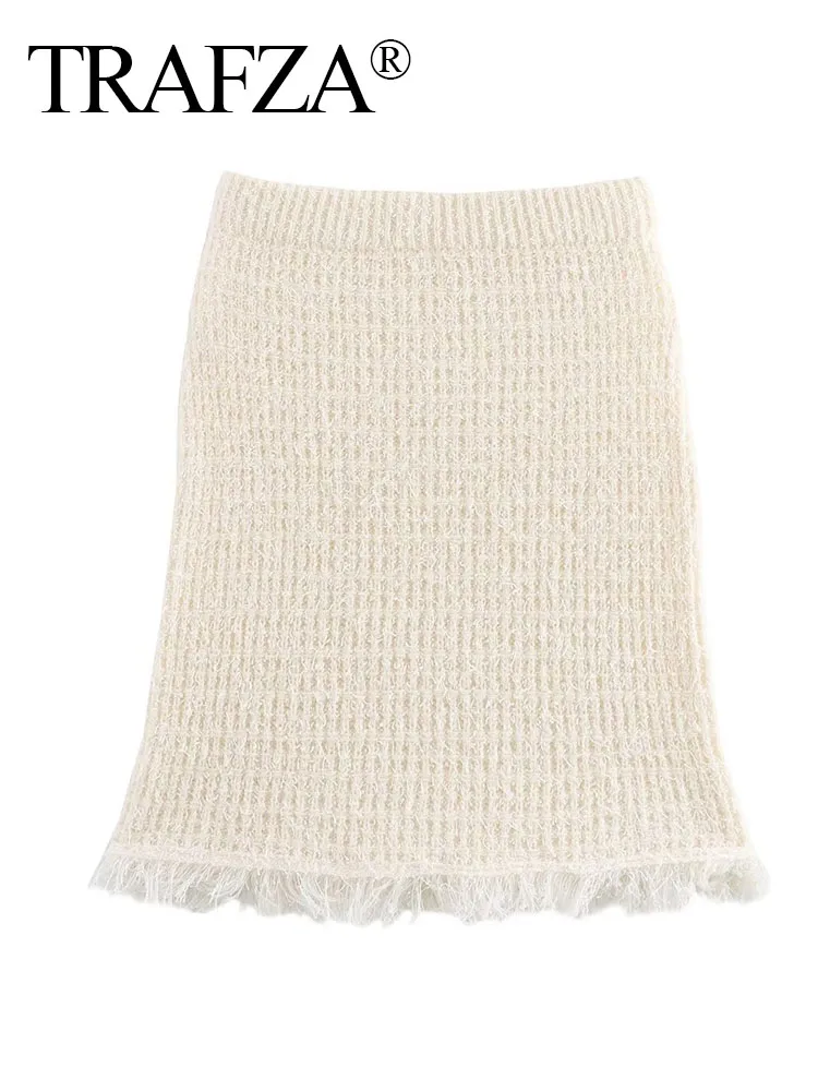 Trafza Vrouwen Zomer Elegant Gebreide Beige Effen Slanke Rok Dames Hoge Elastische Taille Pakket Hip Ruwe Zelfkant Rokken Mujer