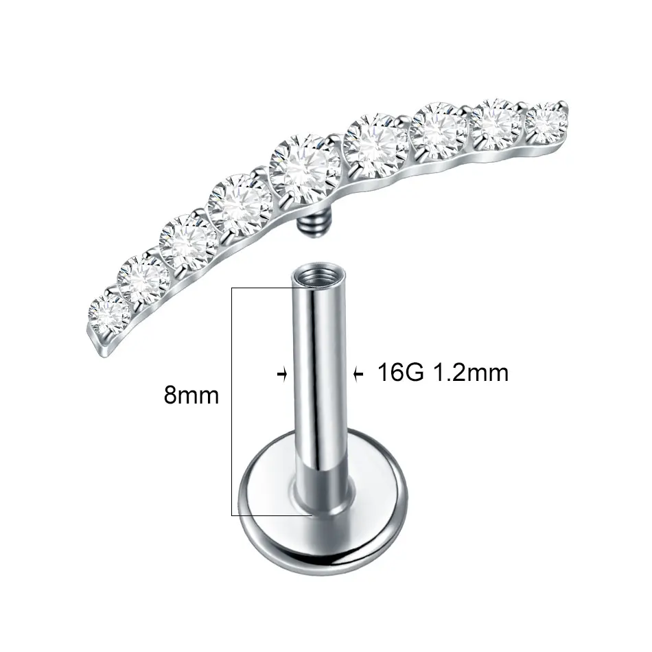 1pc Titanium 9 Round Zircon Curved Stud Earring Internally Threaded Cartilage Helix Tragus Piercing Body Jewelry