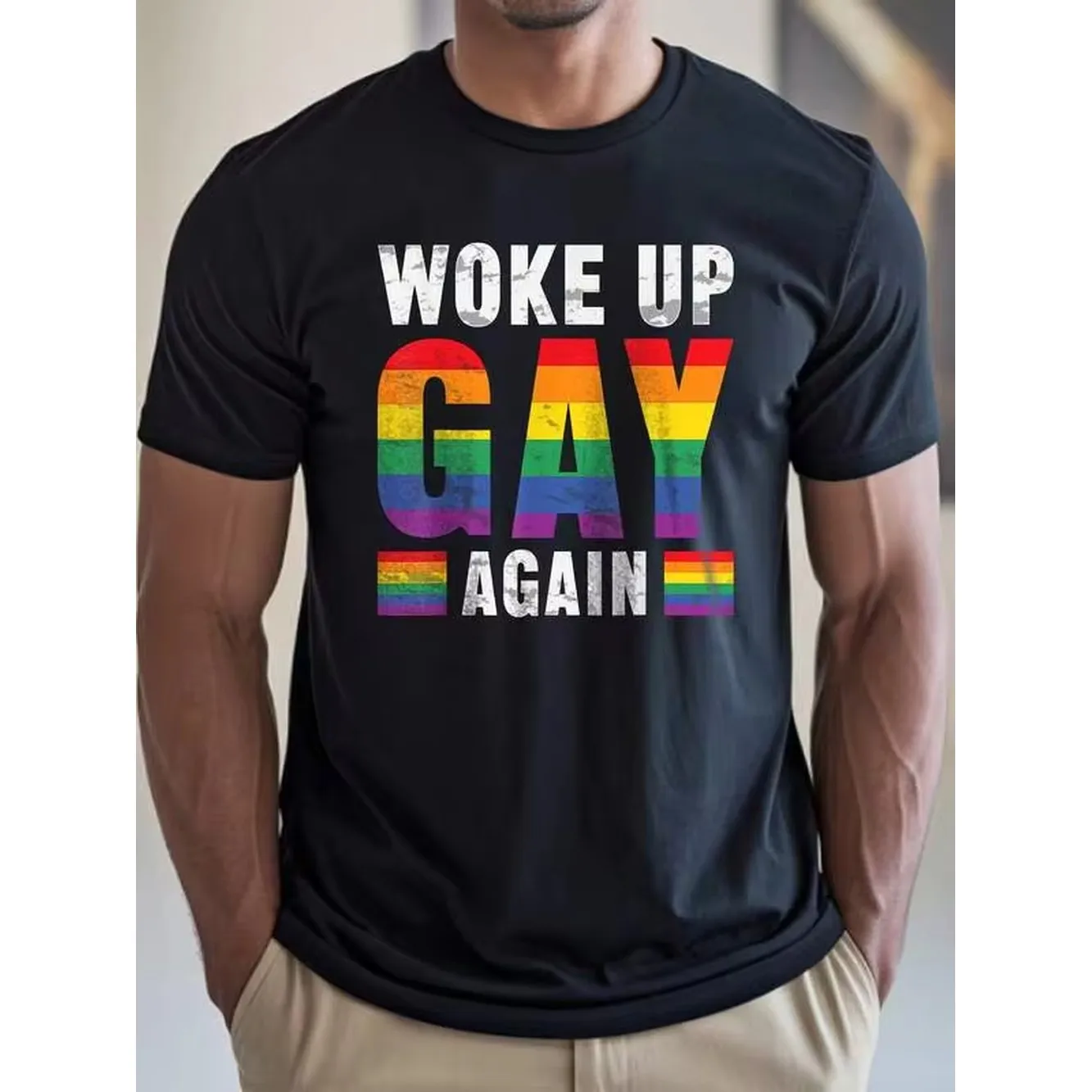Camiseta negra con estampado 'Man' Woke Gay Again', cuello redondo, informal, de algodón, tejido de punto de elasticidad media, corte regular, para chicos y hombres, perfecta para //