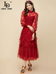 LD LINDA DELLA Runway Designer Summer Dress Mesh Lantern Sleeve Lace Ruffle Trim-hem High Waist Big swing Red Party Long Dress