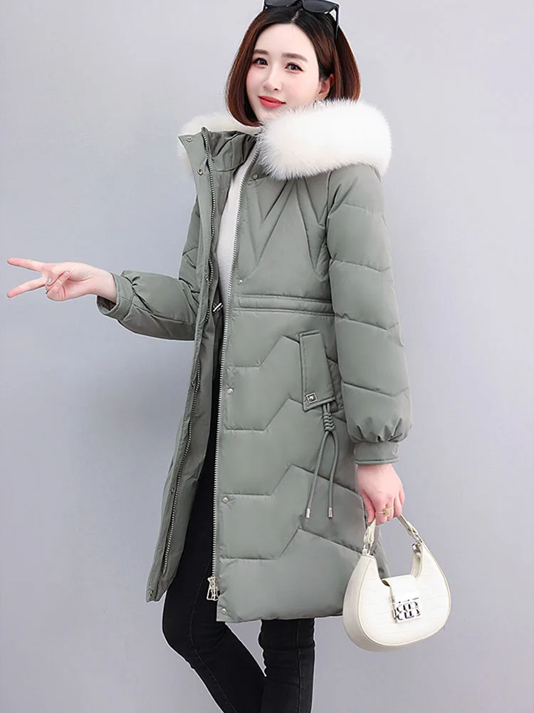 2023 Fashion Long Overcoat Women Winter Down Cotton-padded Jacket Slim Coat Hooded Fur Collar Outwear Female Thicken Warm Parkas