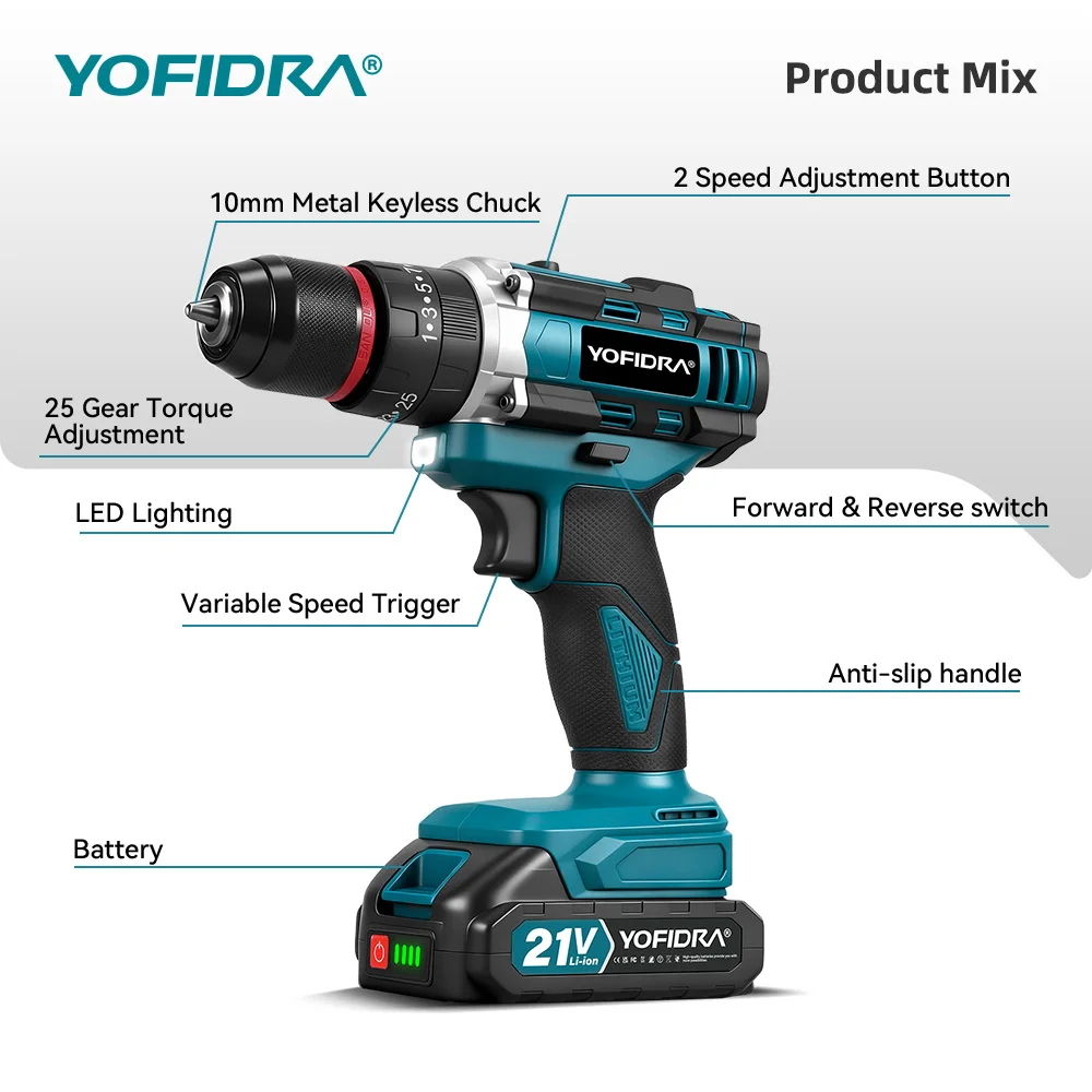 YOFIDRA 3-in-1 Elektrischer Schlagbohrer 25+3 Drehmomentstufen Handgeführter Akku-Schlagbohrer Holzbearbeitungs-Elektrowerkzeug für Makita 21V Akku – Detail 11