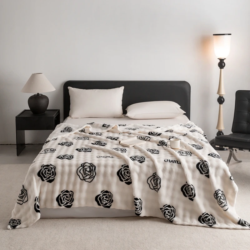 350g Camellia Flower Rabbit Fur Imitation Fleece Blanket, Casual Oversized Bubble Blanket