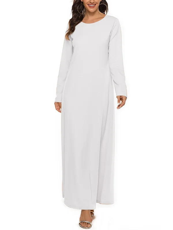 Women\'s Muslim Worshipwear Basic Long sleeved Laydown Round Neck Dress Middle Eastern Solid Color Robe