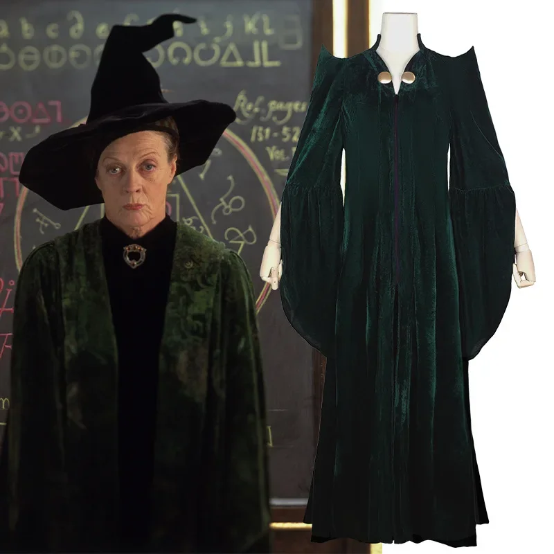 Professor Minerva Mcgonagall Cosplay Costume Adults Kid Dress Green Cape Velvet Role Play Cloak Halloween Carnival Cosplay