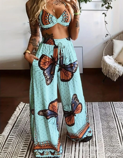 Women's Summer Set Fashion and Leisure Hawaiian Beach Vacation Butterfly Print Sexy Bra and Loose Wide Leg Pants Two Piece Set