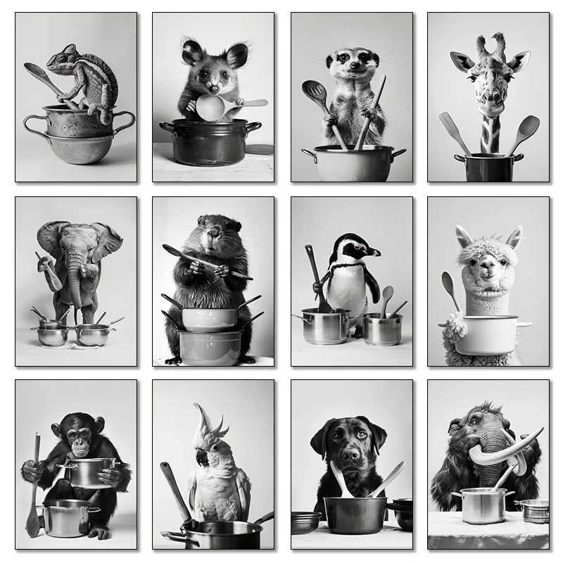 1pc frameless Canvas Painting Animal Cooking in The Kitchen Poster Funny Pictures Elephan Mammoth Monkey Dog Canvas Painting Wal